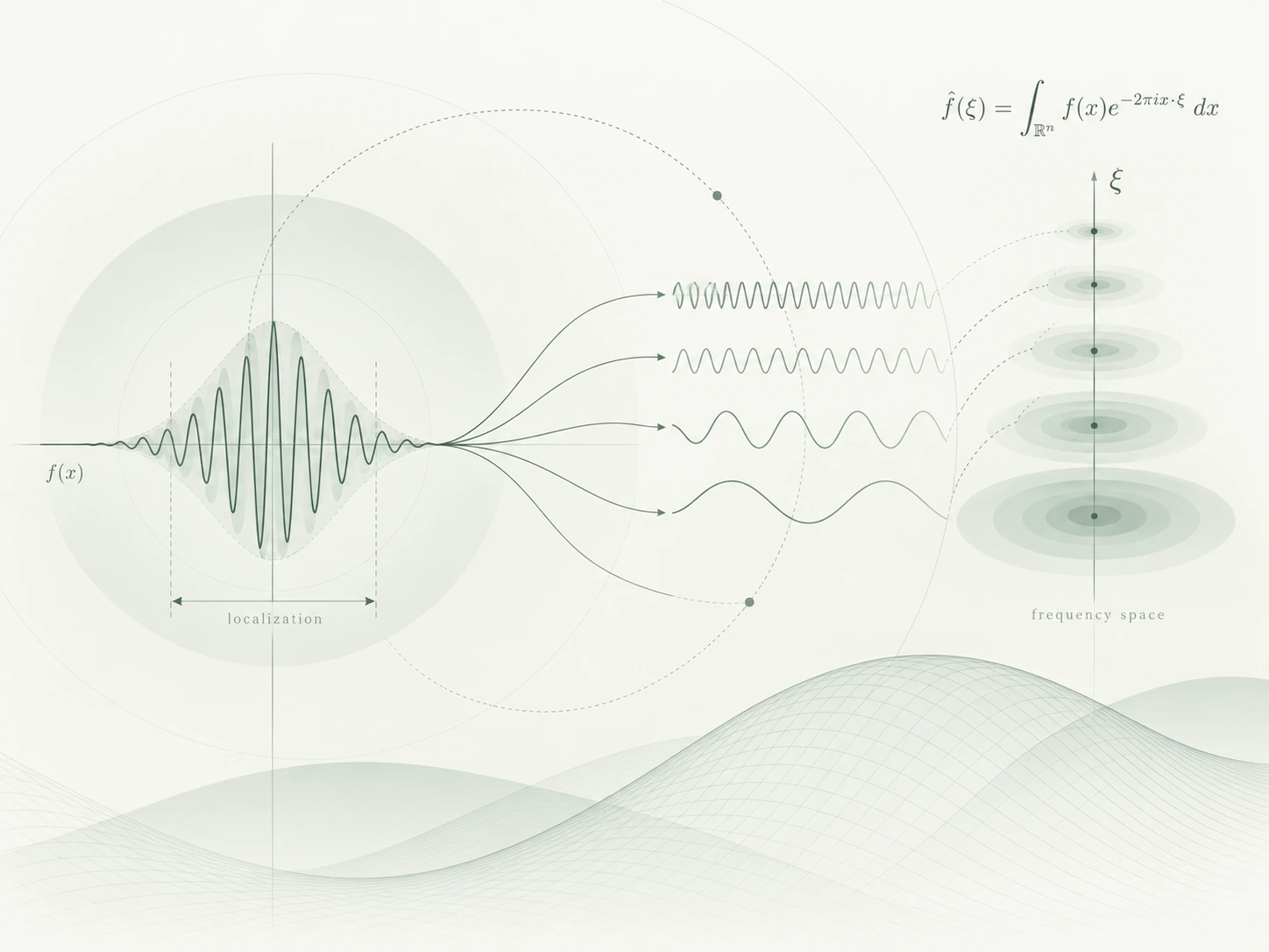 A wave decomposed into Fourier modes and a frequency spectrum.