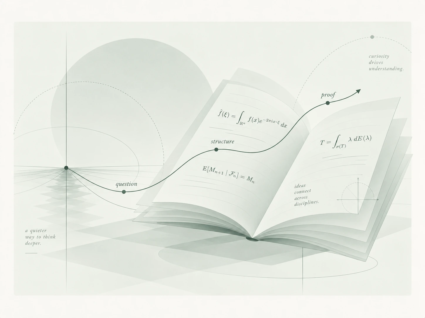 Un carnet ouvert sur des idées mathématiques et un chemin qui mène des questions à la compréhension.